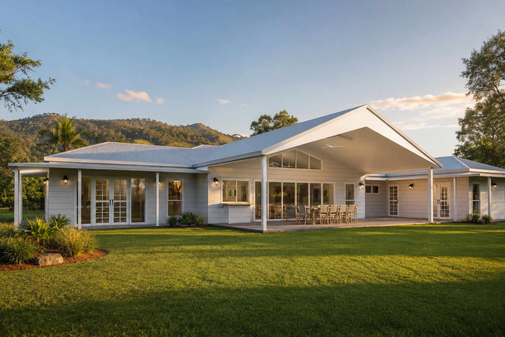 Completed country homestead with wide gable roof, covered alfresco dining, white cladding and sweeping green lawn at golden hour