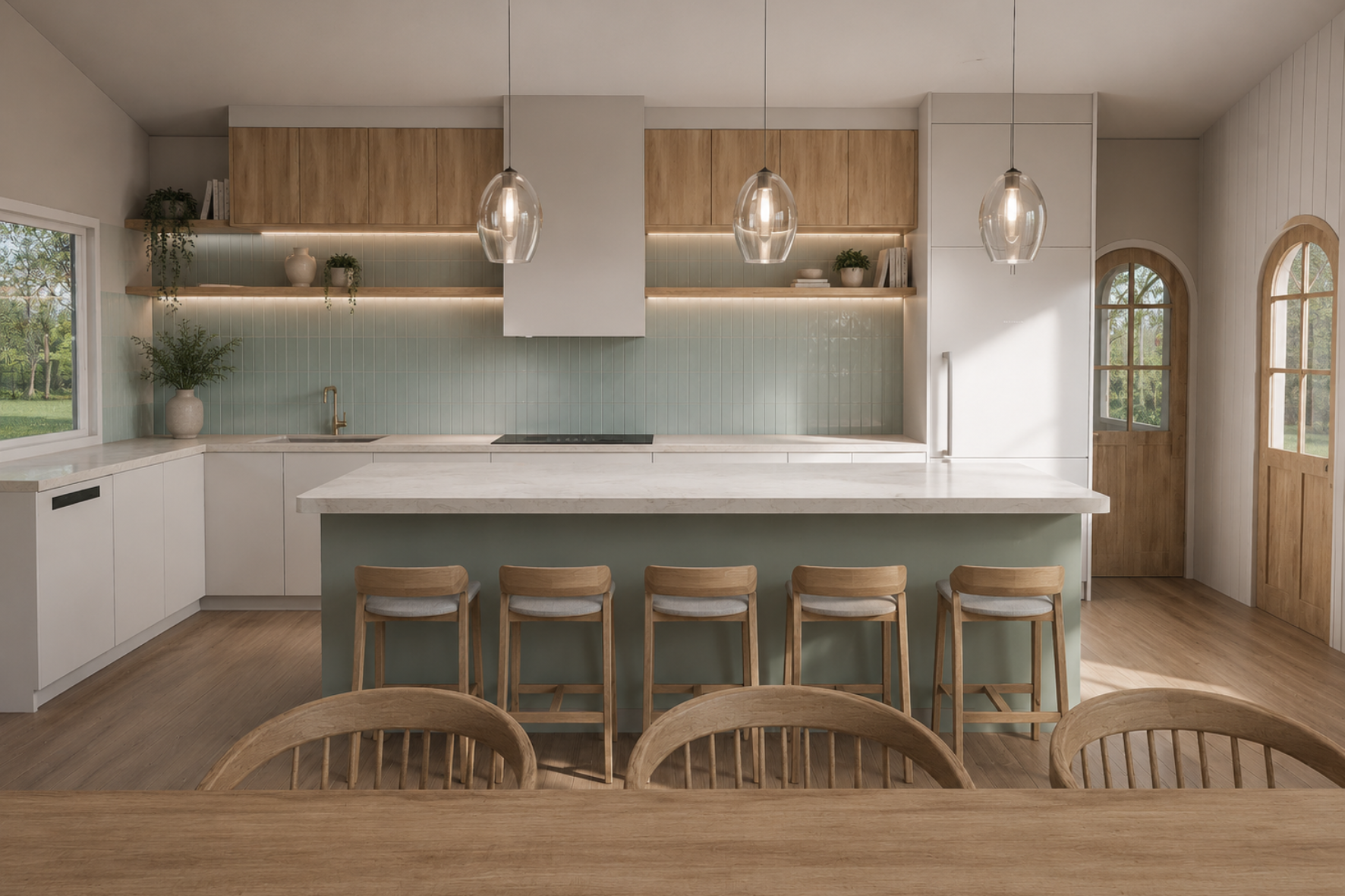 Kitchen render — sage green island with marble benchtop, timber cabinetry, glass pendants, arched timber door and garden outlook