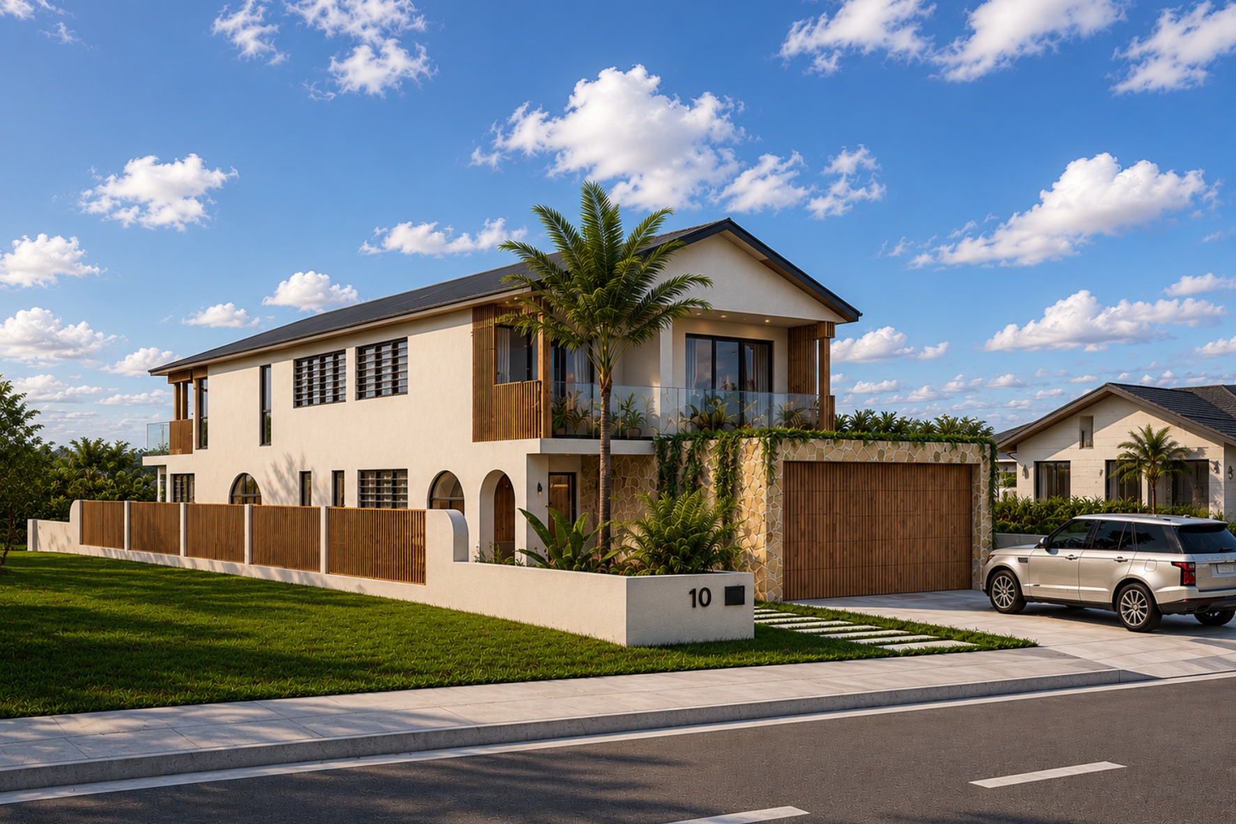 Magnetic Island Harbour render — two-storey rendered masonry home with timber battens, stone-clad garage, palm tree and Range Rover in driveway