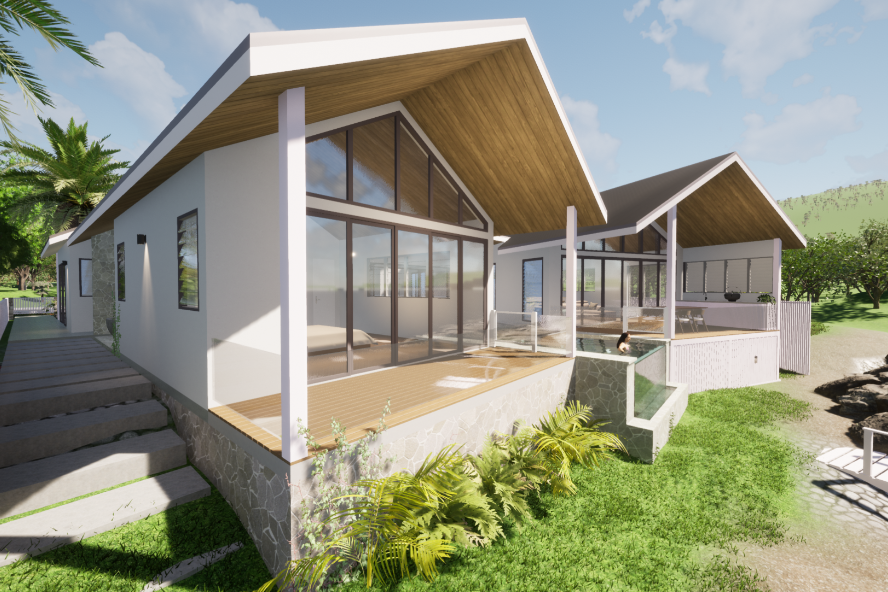 Marina render — contemporary home with twin gable roofs, full-height glazing, timber deck and pool