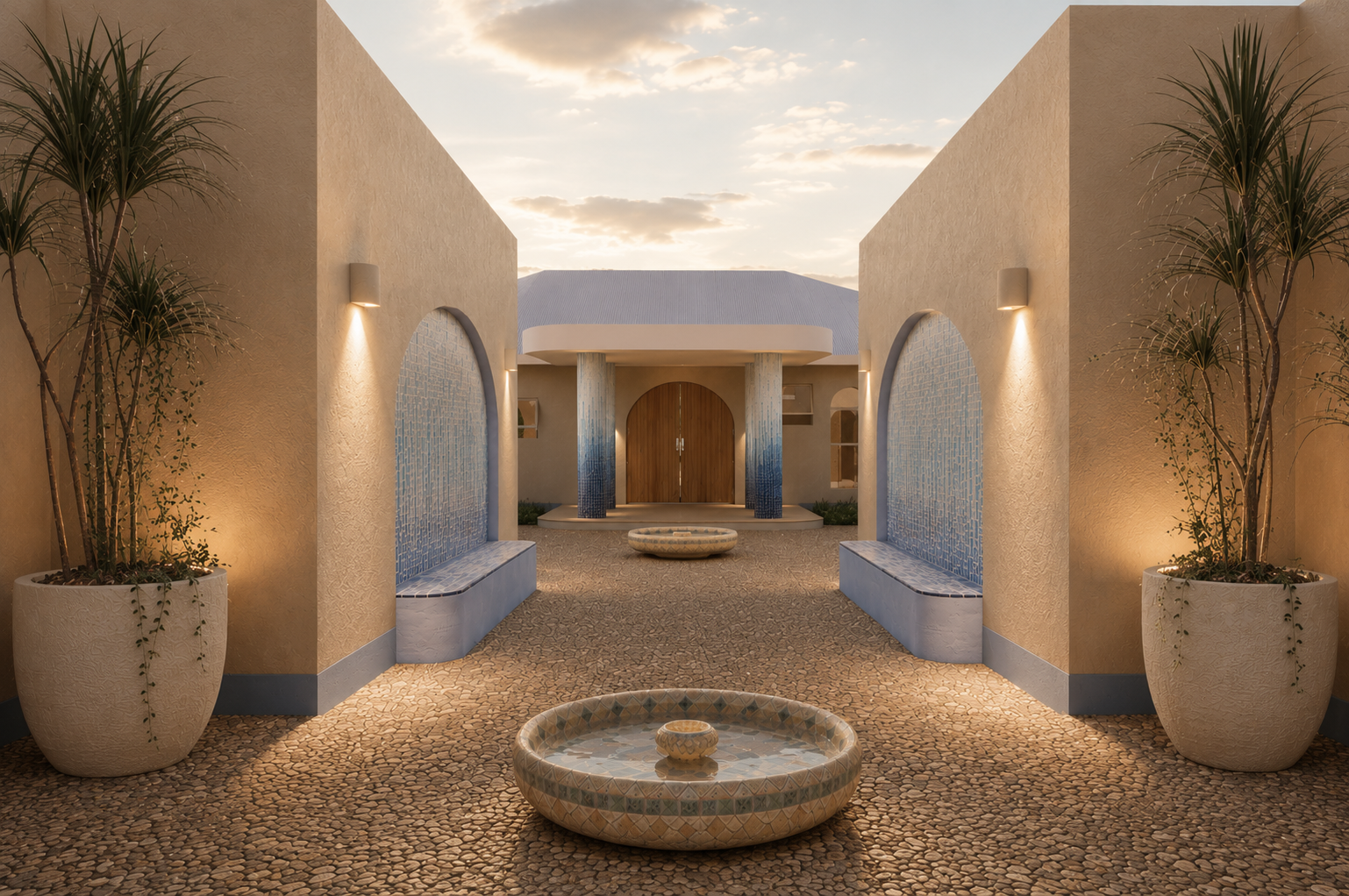 The Villa — dusk render of entry courtyard with rendered masonry walls, mosaic tile water features, pebble paving, arched timber door and uplift-lit palms
