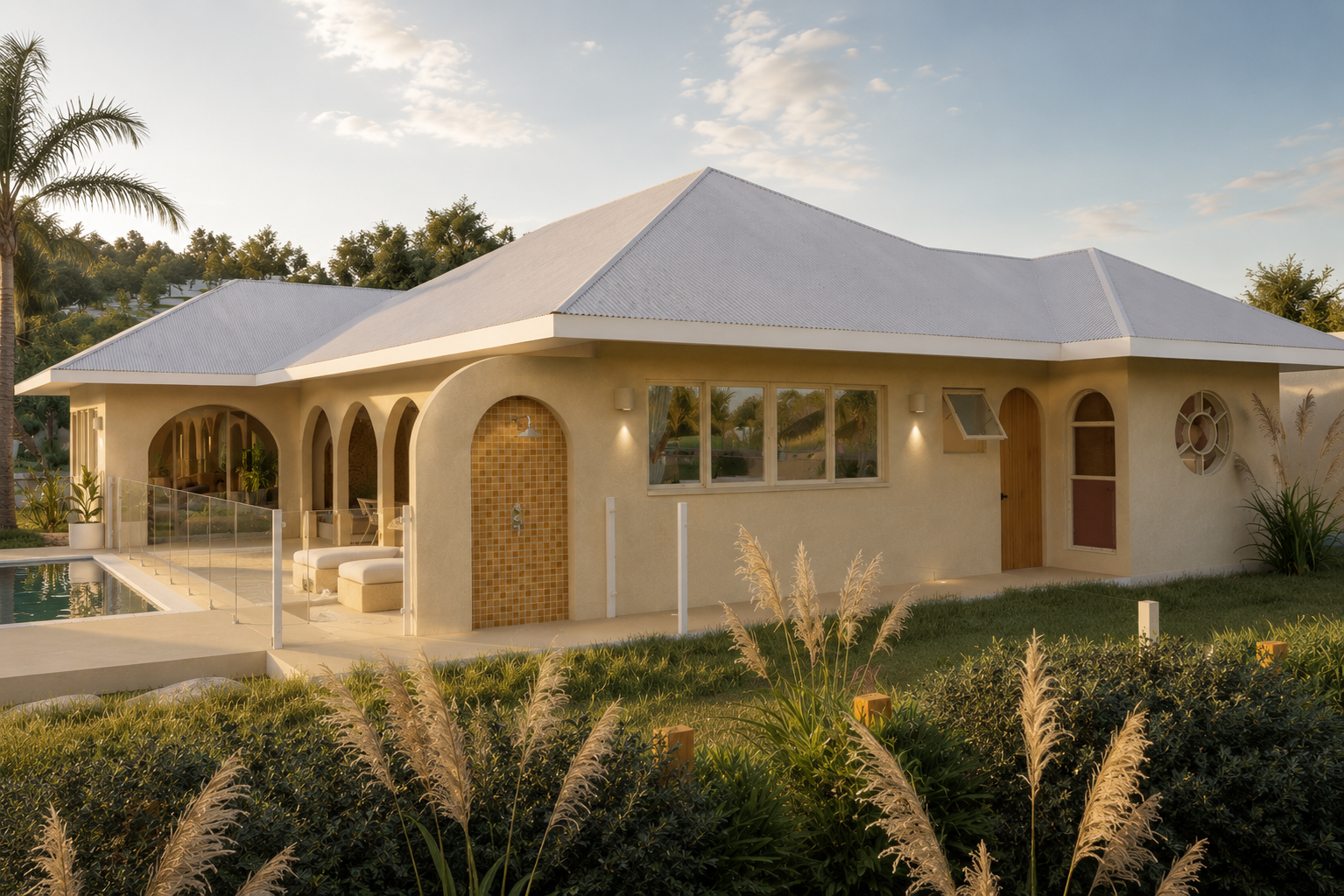 The Villa — render of side elevation with hip metal roof, rendered masonry, arched colonnade, pool deck, glass balustrade and tropical garden at golden hour