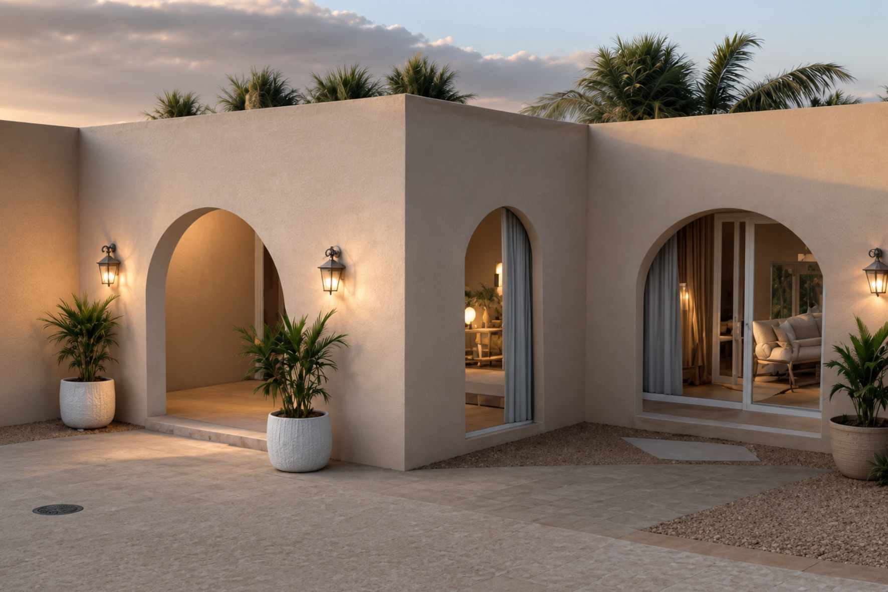 The Villa — dusk render of courtyard wing with rendered masonry arches, lantern wall sconces, potted palms and gravel paving