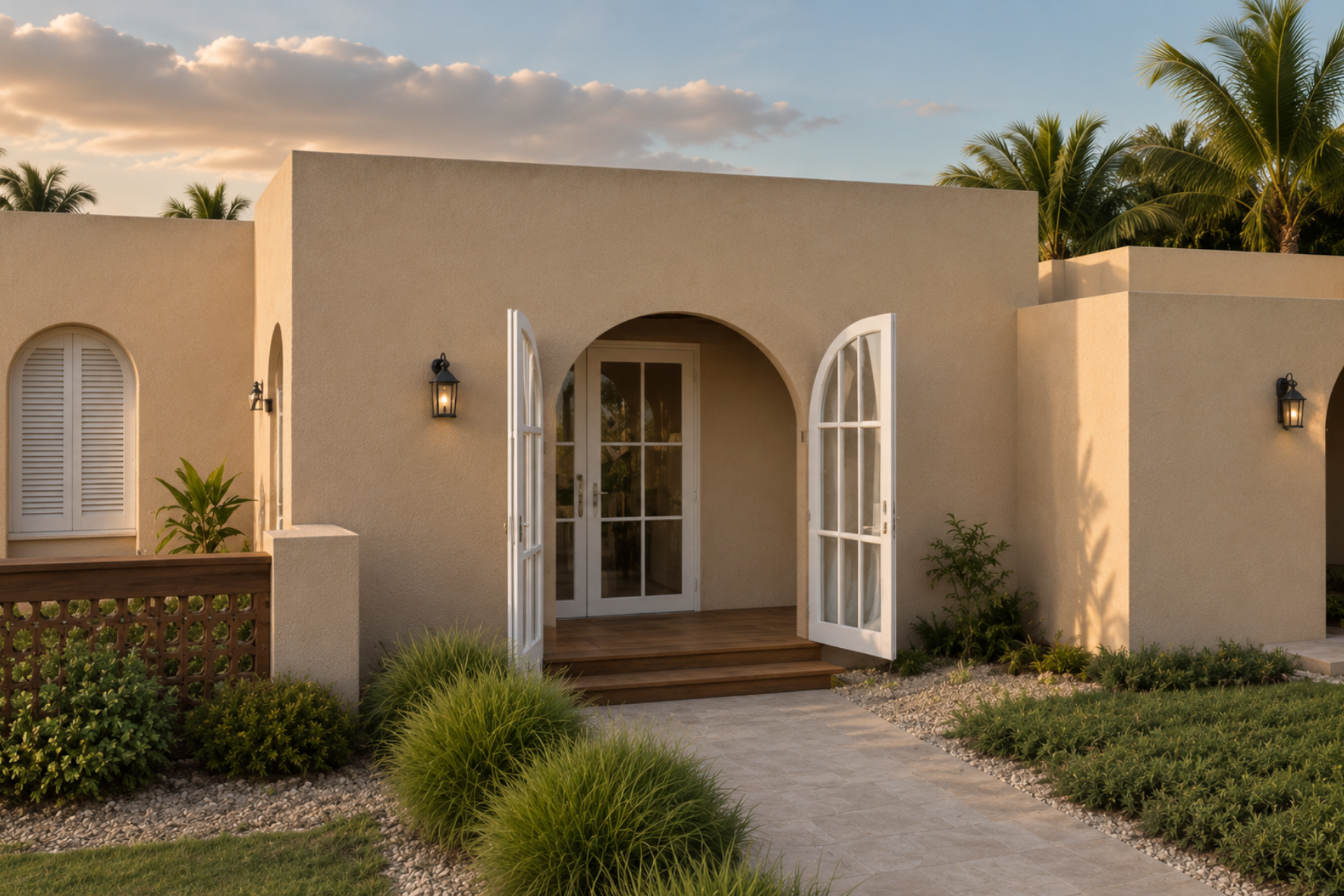 The Villa — render of entry elevation with rendered masonry walls, arched French doors open to timber steps, lantern sconces and lush garden planting at golden hour