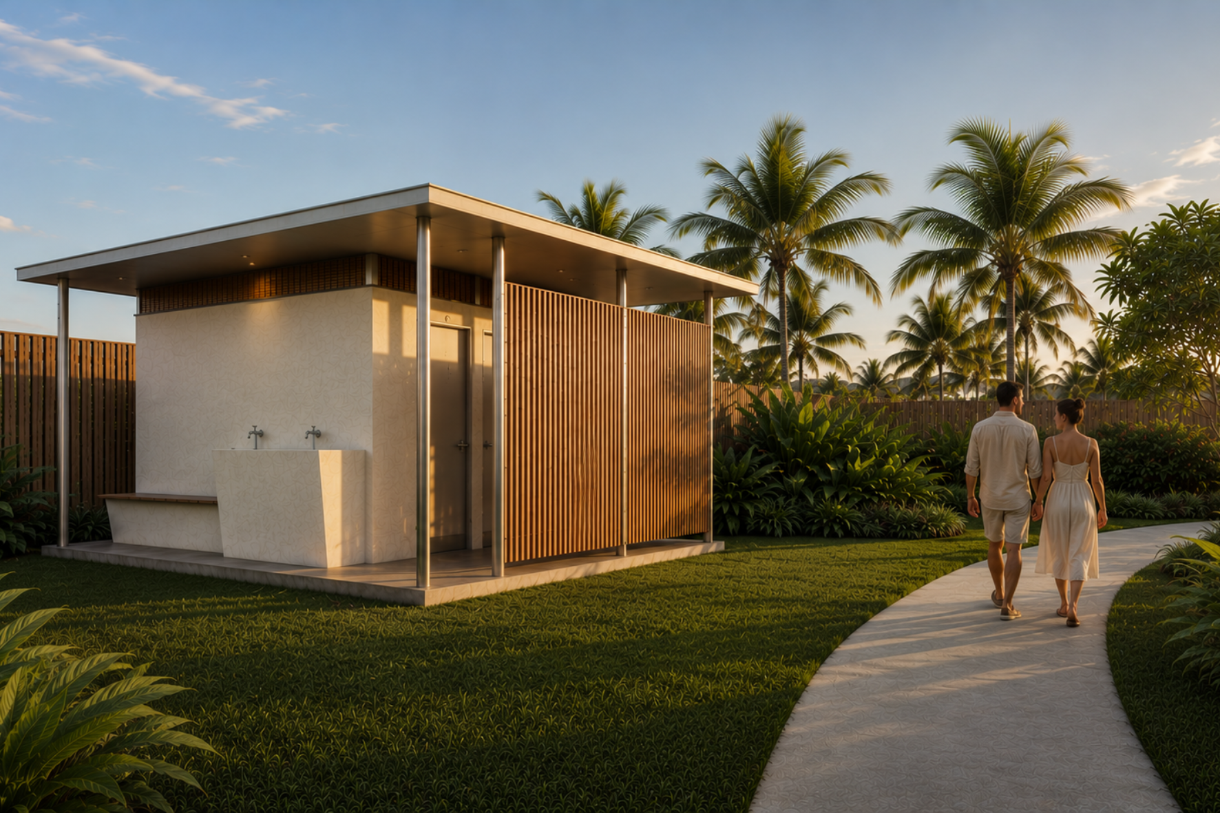 Amenities Block — evening render showing amenities block with timber batten screen, bollard lighting, curved path and mountain backdrop