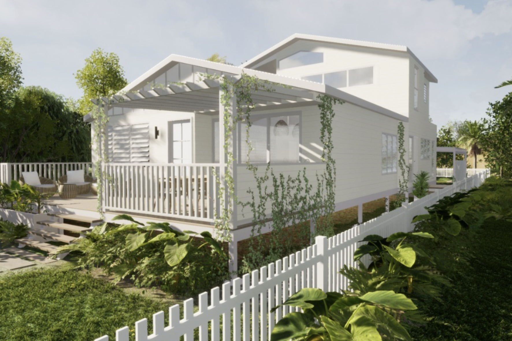 Beach House — render of rear elevation with white picket fence, climbing vines on pergola, timber deck and lush tropical planting