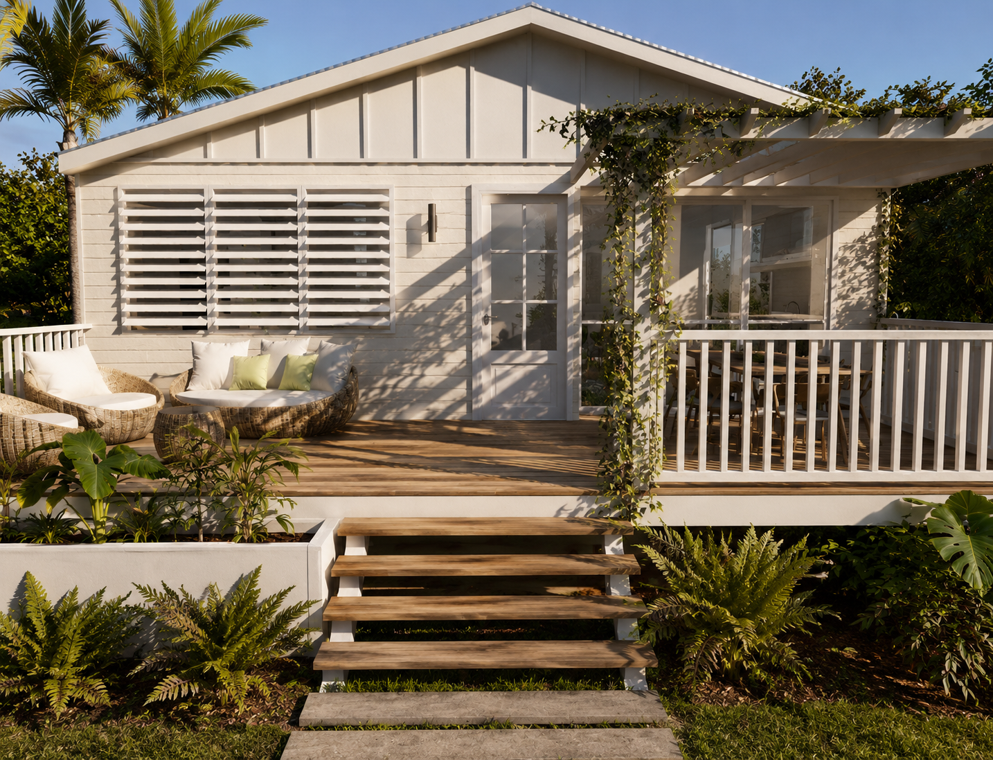 Beach House — render of front elevation with timber deck, wicker outdoor lounge, climbing vines on pergola and tropical garden planting