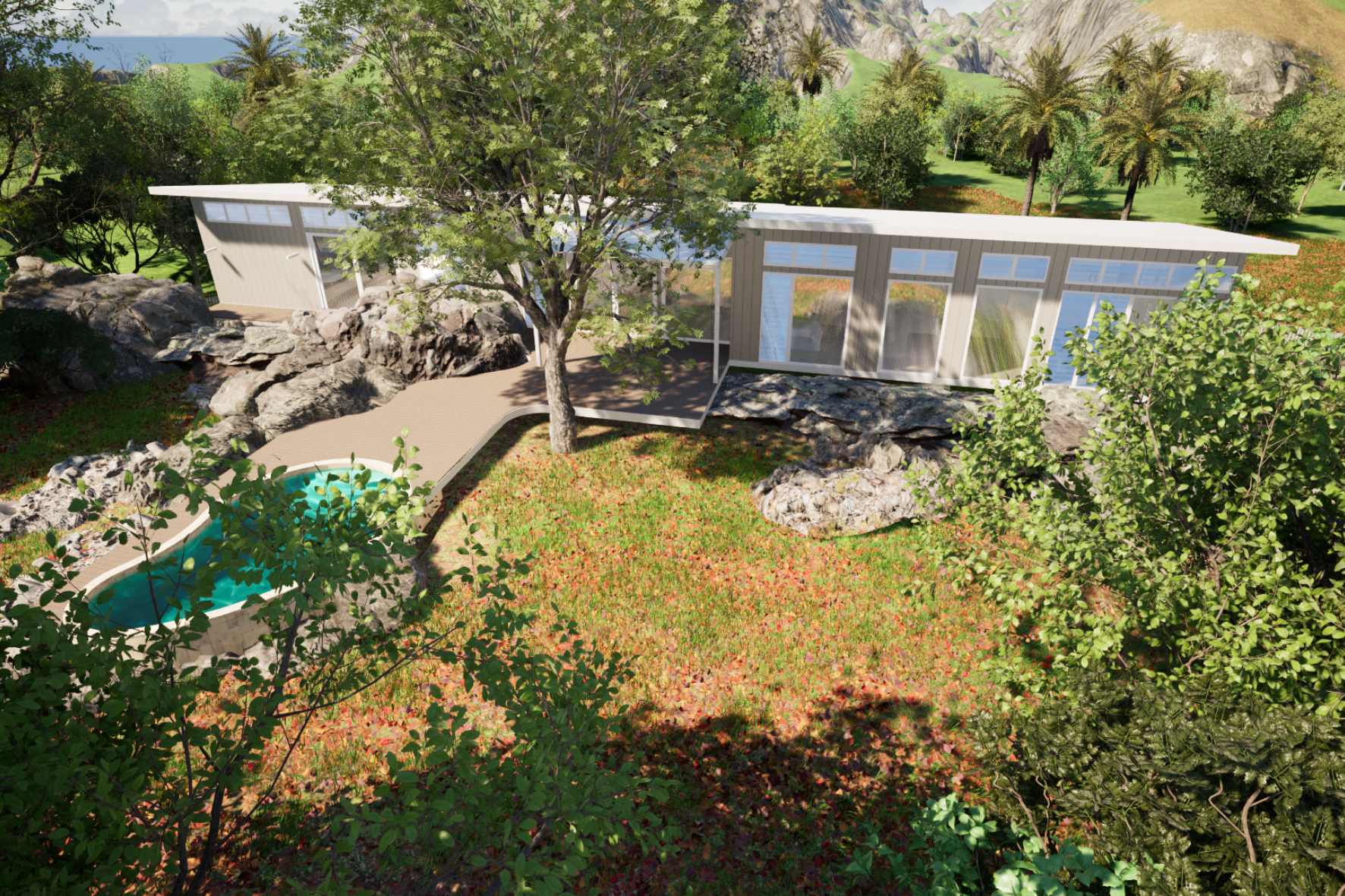 Bush Retreat — aerial render from the north showing full site with pool, deck path and mountain backdrop