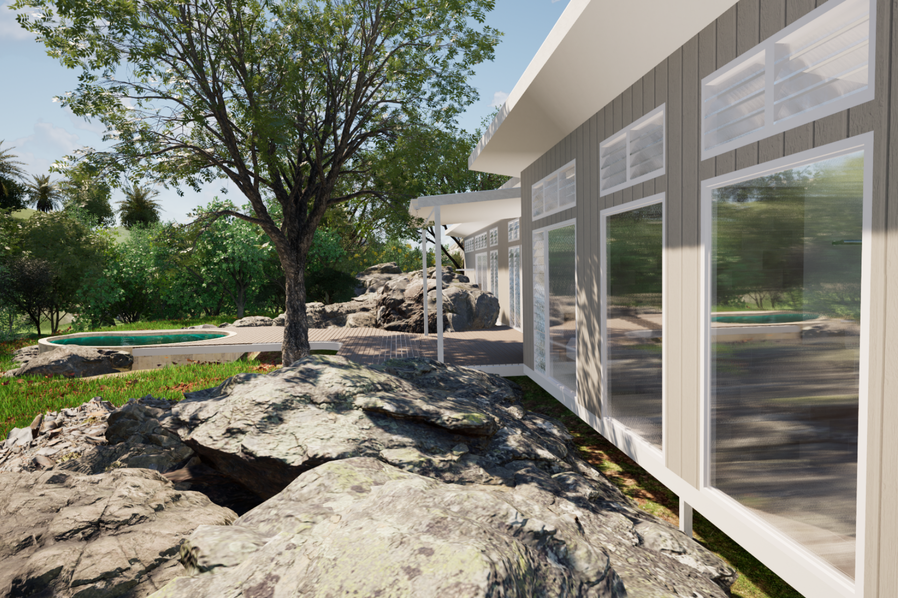 Bush Retreat — ground-level render showing full-height glazing, louvre windows and circular pool beyond granite boulders