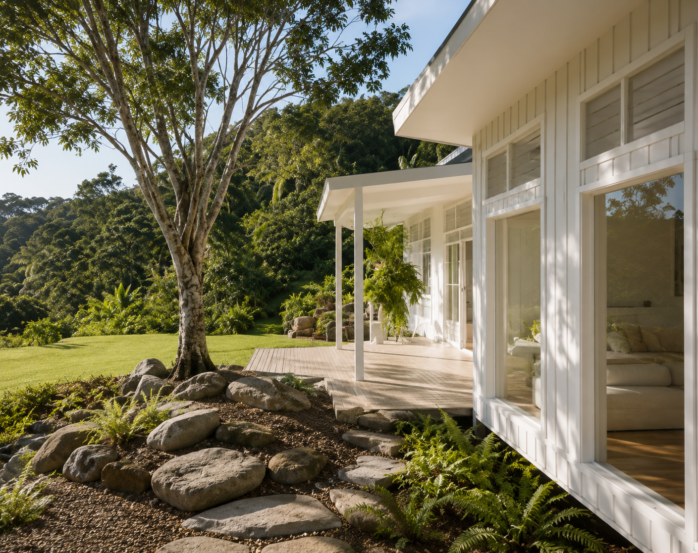 Bush Retreat — side elevation with covered verandah, stone path, ferns and lush bush hillside backdrop