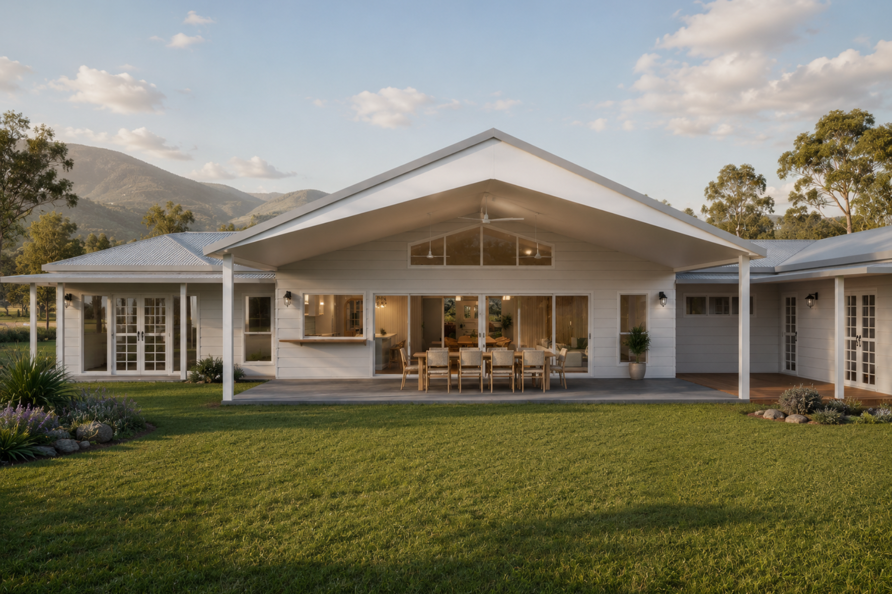 Country Homestead — rear elevation render with gable end, covered alfresco dining and mountain backdrop at dusk
