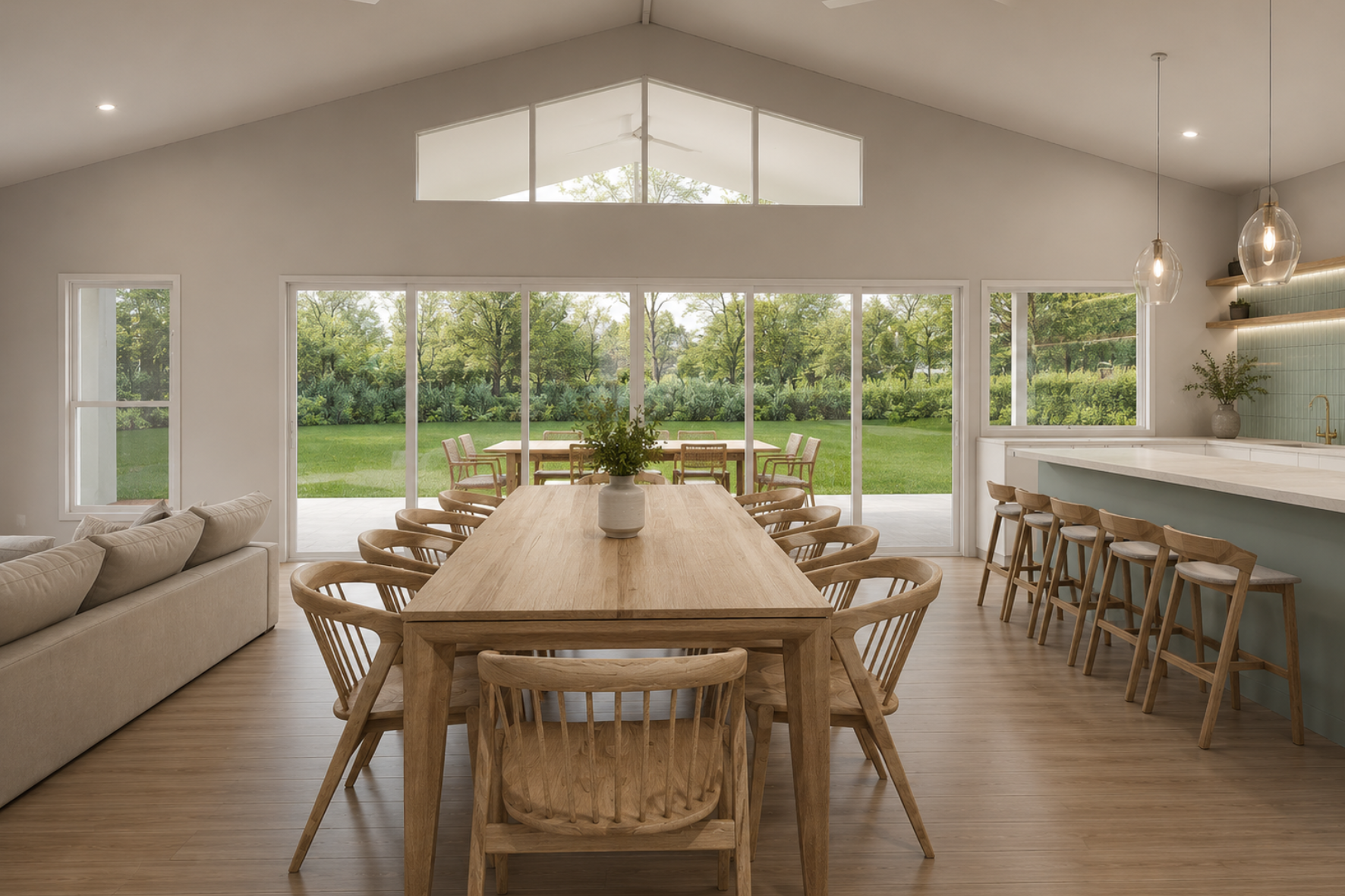 Country Homestead — interior render of vaulted dining room with full-width sliding doors opening to garden and alfresco
