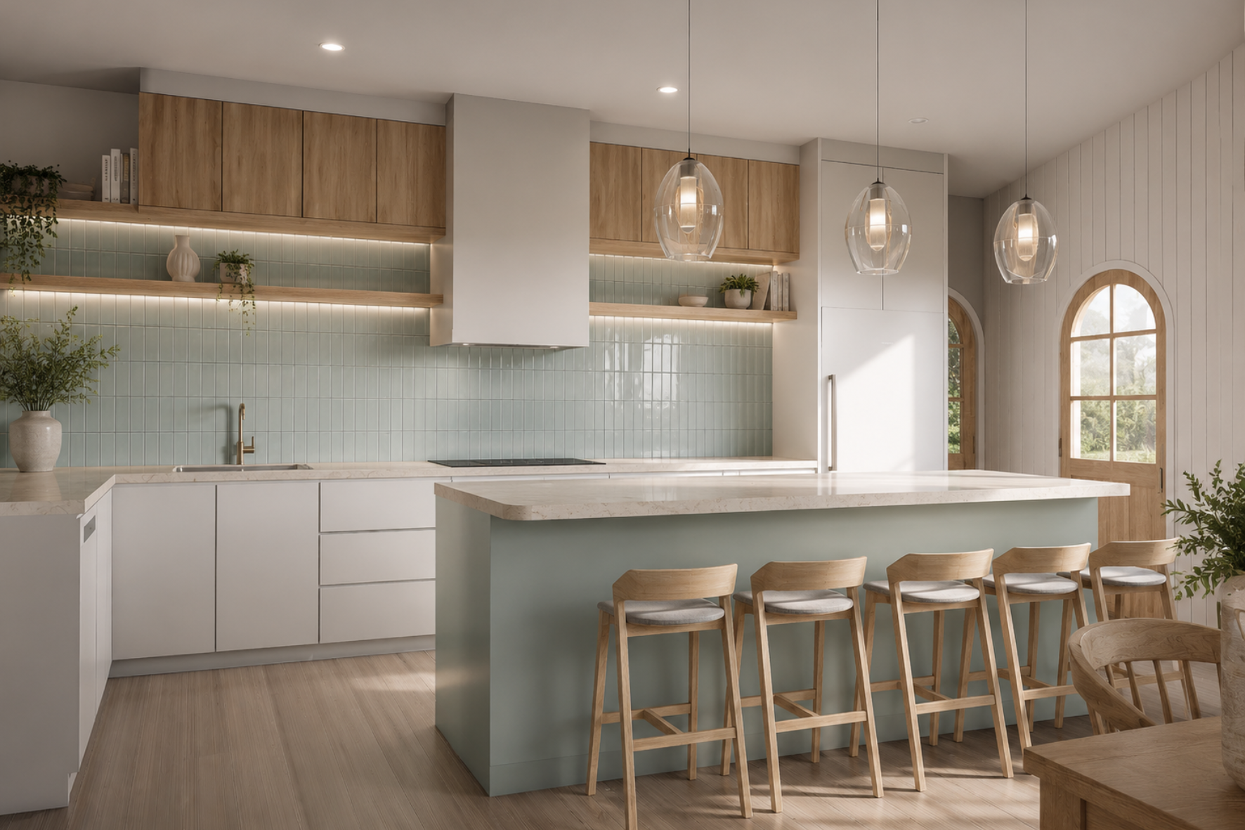 Country Homestead — kitchen render with sage green island, marble benchtop, glass pendants and arched timber door