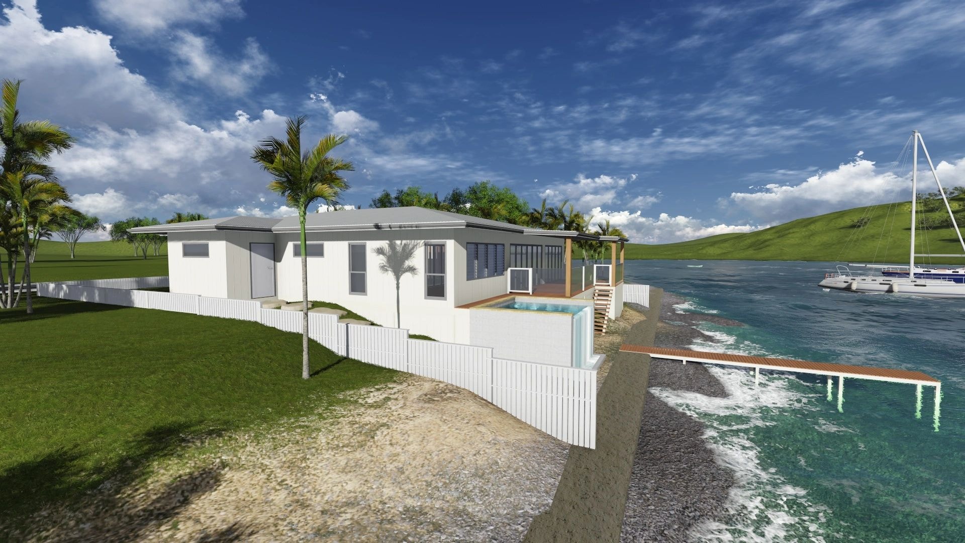 Contemporary architectural rendering of home with twilight pool