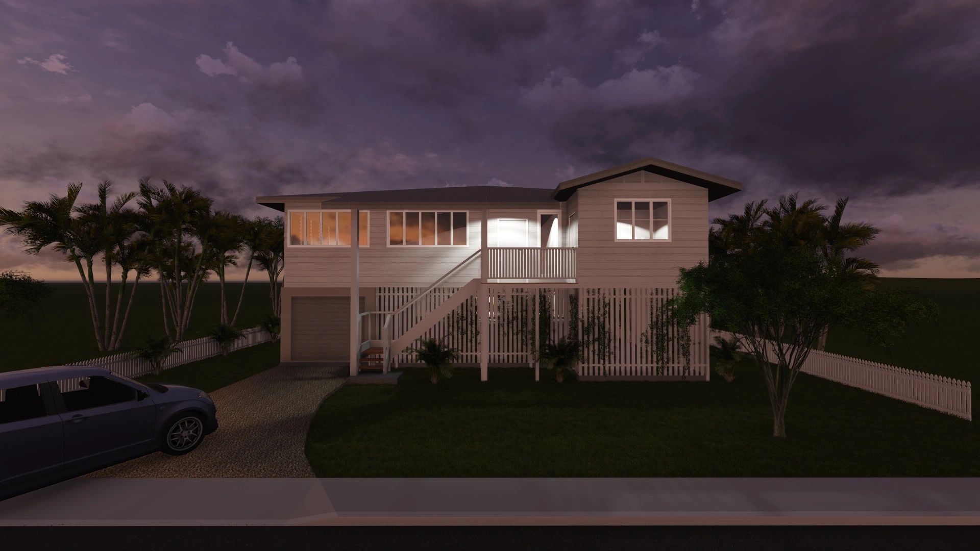 Modern elevated home in tropical landscape at dusk