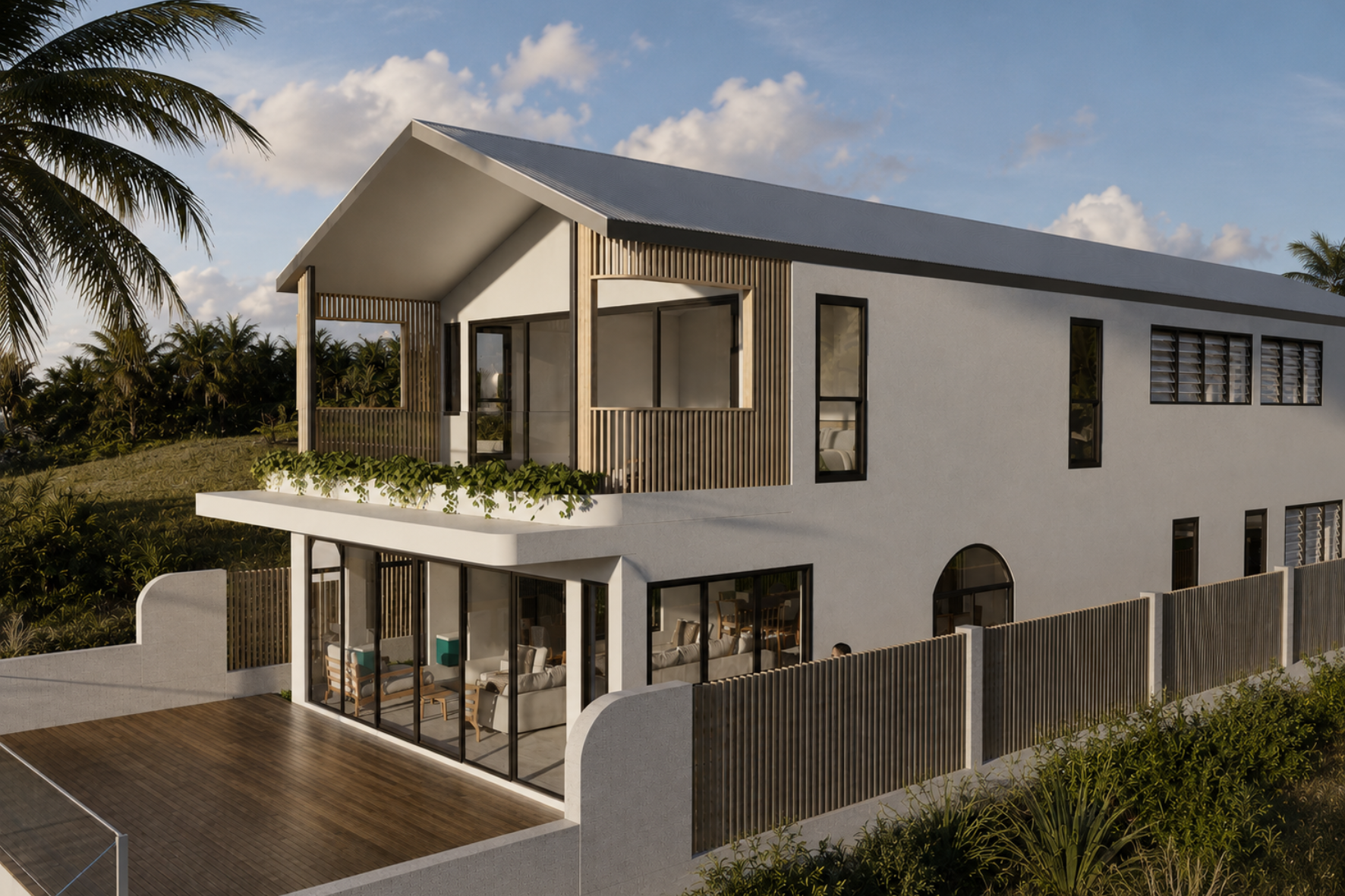 Magnetic Island Harbour — rear elevation render with gable roof, upper balcony with timber battens, covered alfresco, full-height glazing and tropical garden