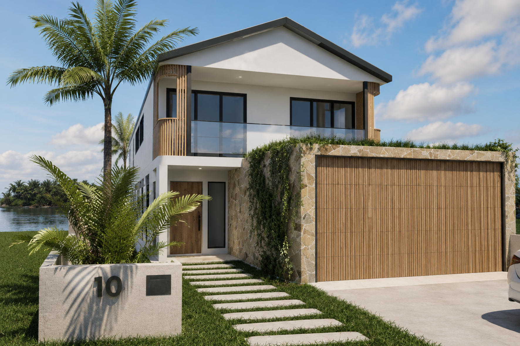 Magnetic Island Harbour — front elevation render showing stone-clad garage, timber entry door, stepping stone path, glass balustrade balcony and waterway beyond