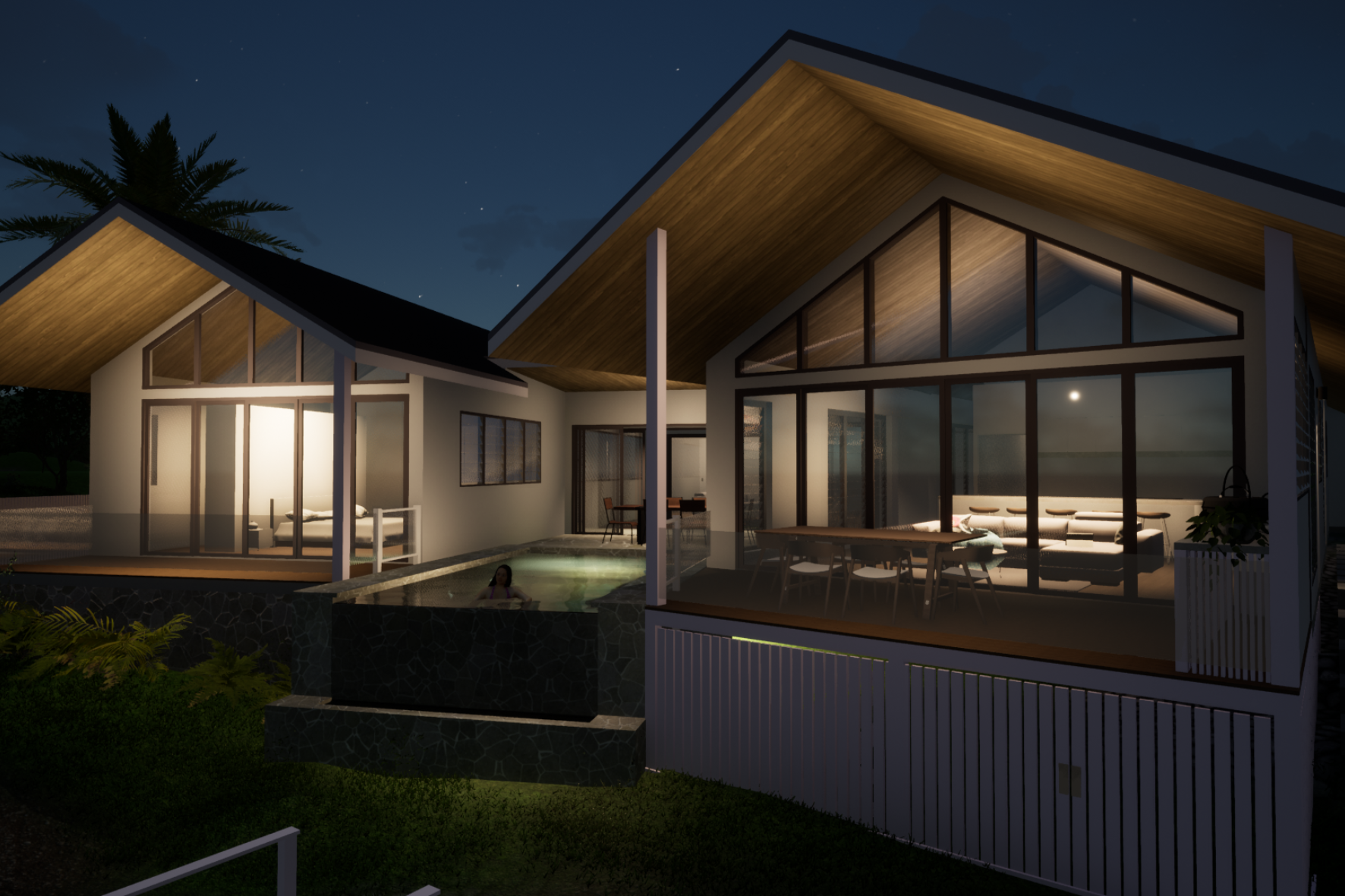 Marina — night render of rear elevation with twin gable roofs lit from within, pool with swimmer and outdoor dining on deck