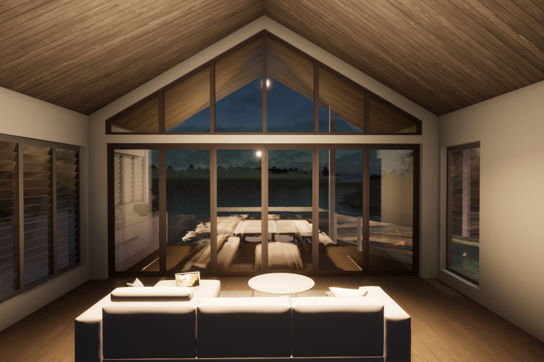 Marina — interior night render of living room with vaulted timber ceiling, full-height glazed gable end and moonlit water view