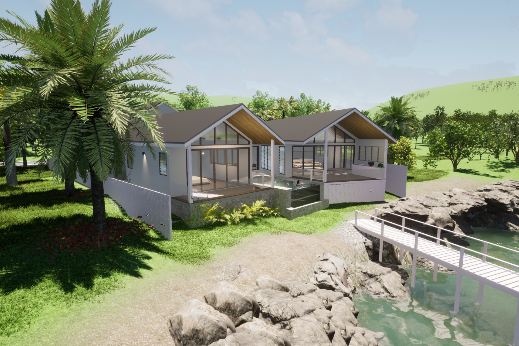 Marina — render of waterfront elevation from rocky shoreline with palm tree, boardwalk, pool and twin gable roofs against green hillside