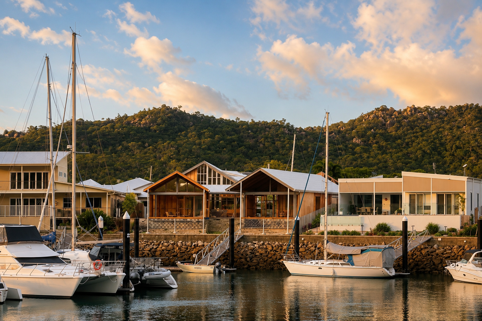 Marina — completed building from the water at golden hour with sailboats, timber gable pavilion, rock seawall and mountain backdrop