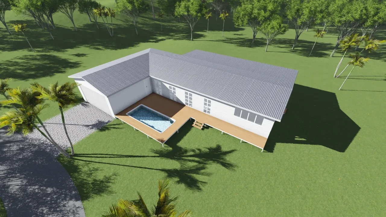 MKC — aerial render showing roof form, pool deck and gravel driveway