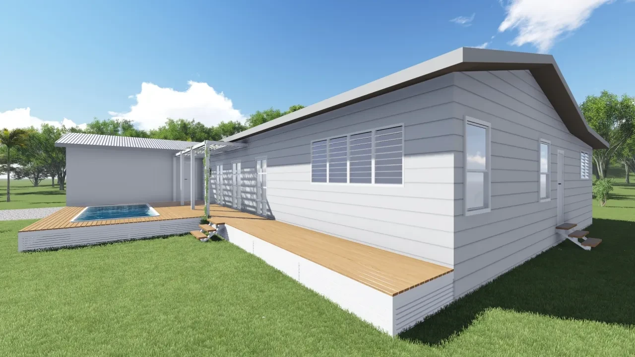 MKC — side elevation render with pool, deck and louvre windows