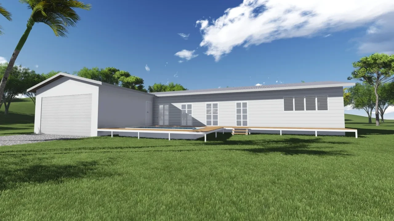 MKC — front elevation render with garage, pool and timber deck