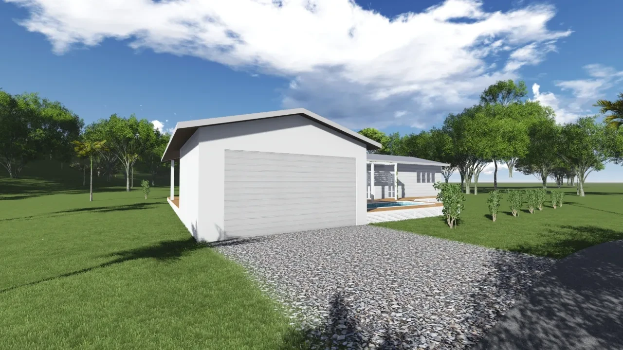 MKC — garage elevation render with gravel driveway and pool beyond