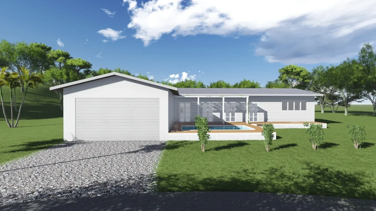 MKC — front street render with double garage, pergola and pool