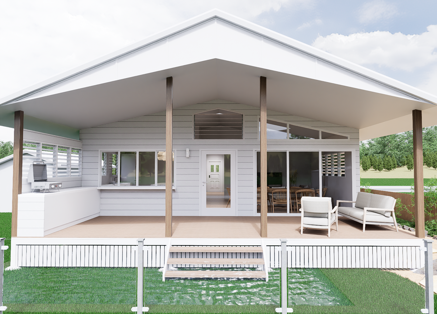 Pandanus — render of rear elevation with gable roof, covered deck, outdoor lounge, glass balustrade and lush lawn