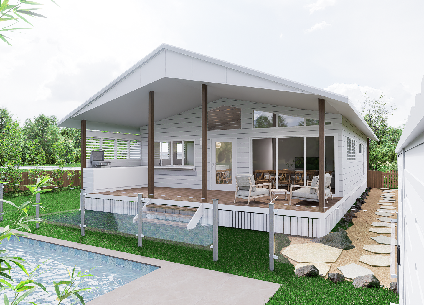Pandanus — render of rear elevation with pool in foreground, covered deck, outdoor dining, glass balustrade and stepping stones