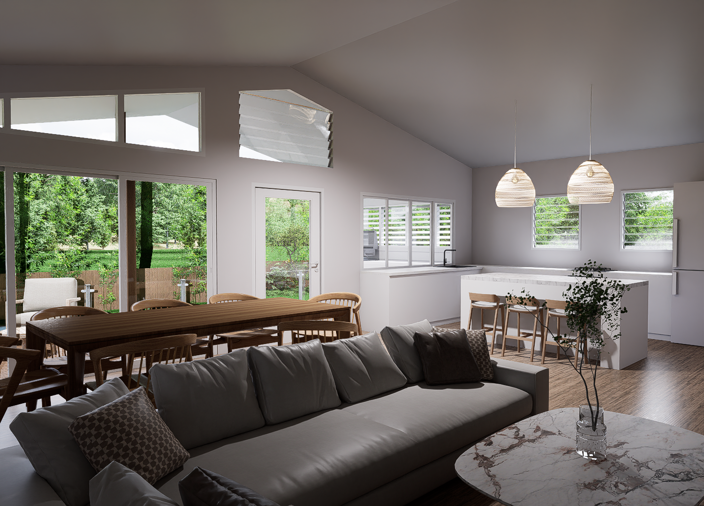 Pandanus — interior render of open-plan living, dining and kitchen with vaulted ceiling, louvre windows, rattan pendants and garden outlook