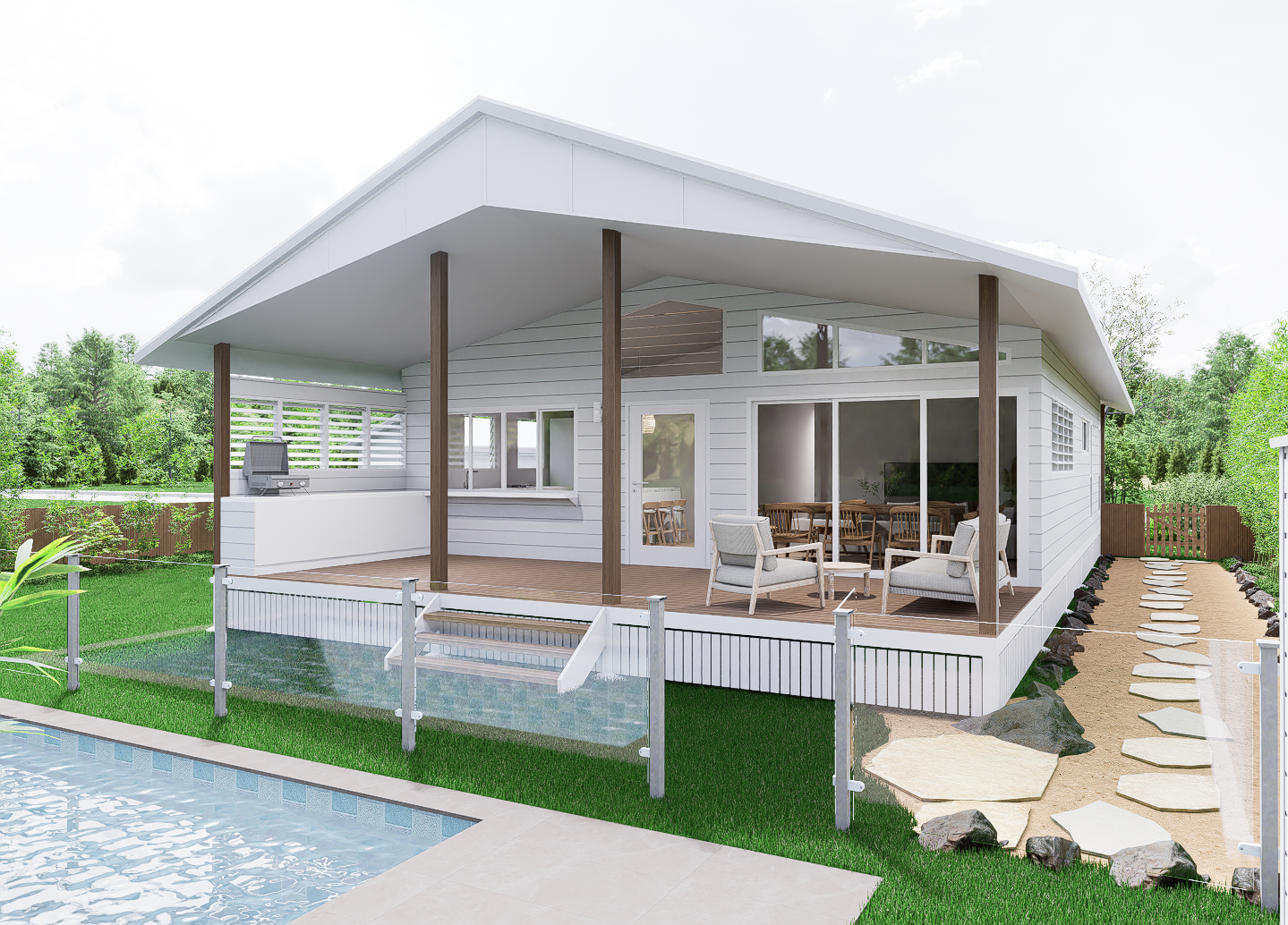 Pandanus — render of rear elevation at dusk with pool, covered deck, outdoor lounge and stepping stone path