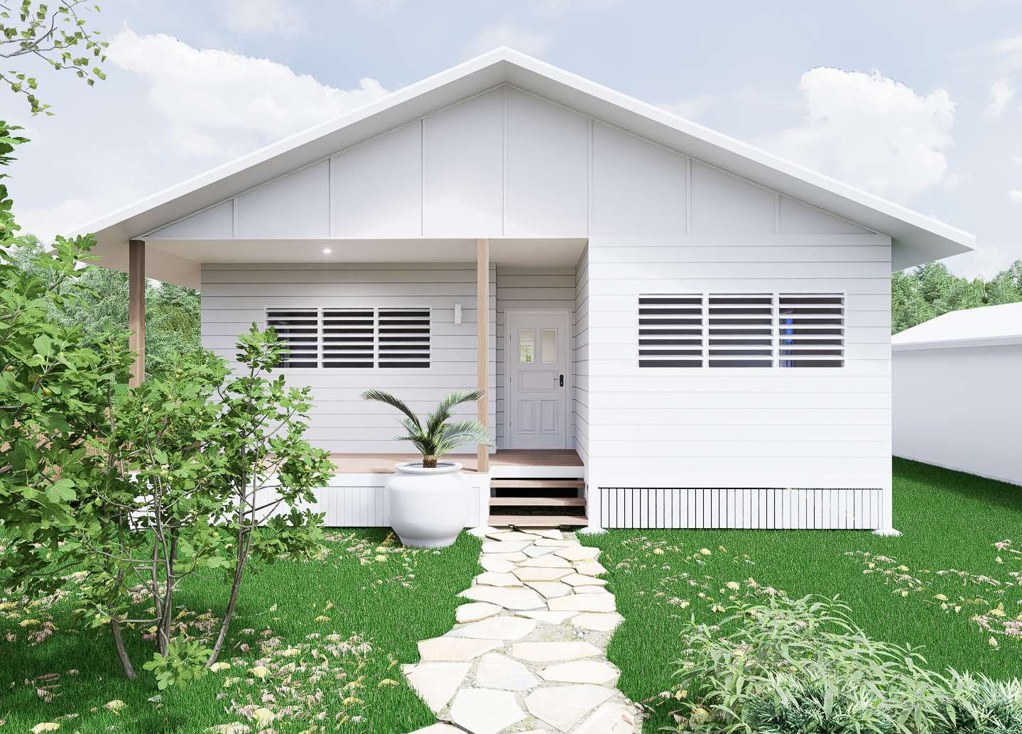 Pandanus — render of front elevation with gable roof, louvre windows, covered entry porch, stone path and tropical garden planting