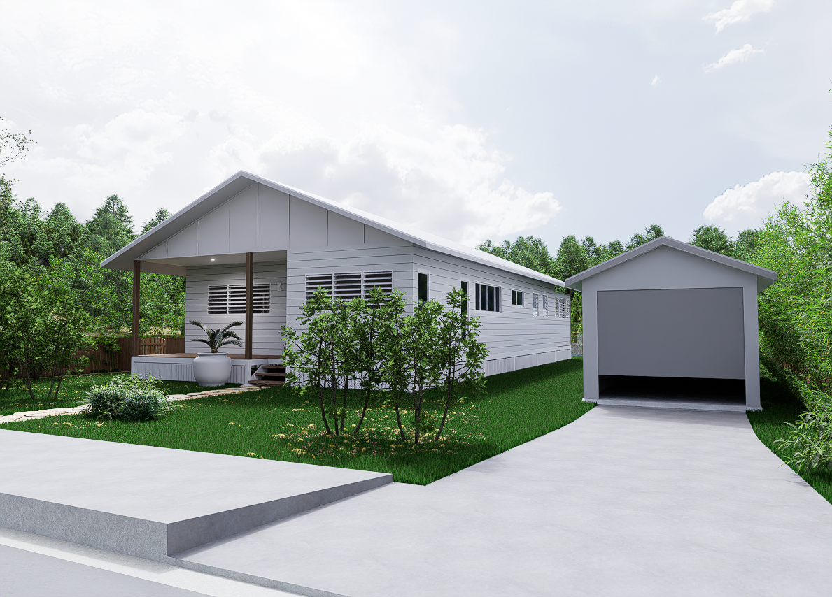 Pandanus — render of front elevation with gable roof, covered entry, detached garage, concrete driveway and lush green lawn