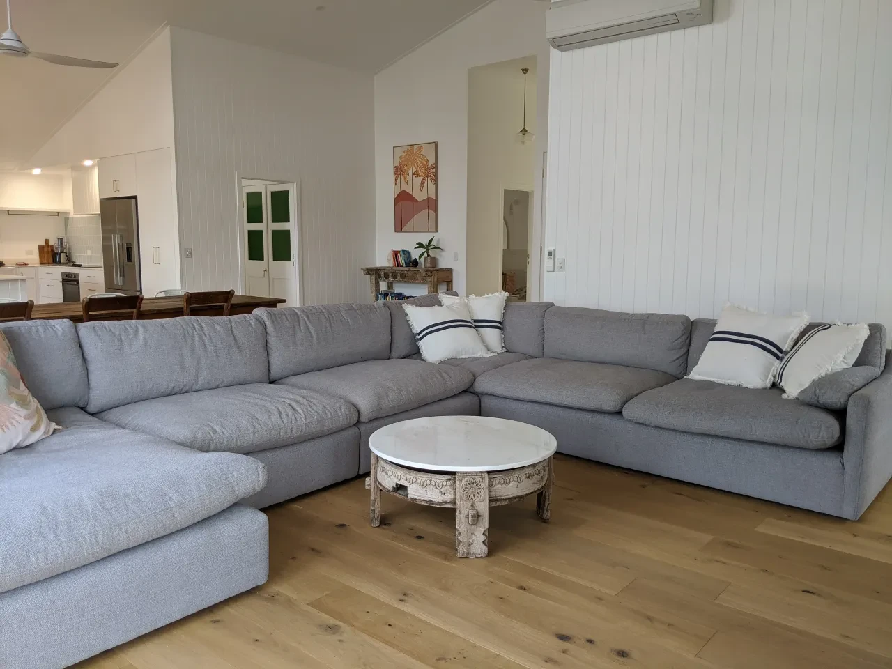 reef shack — living room with grey sectional sofa