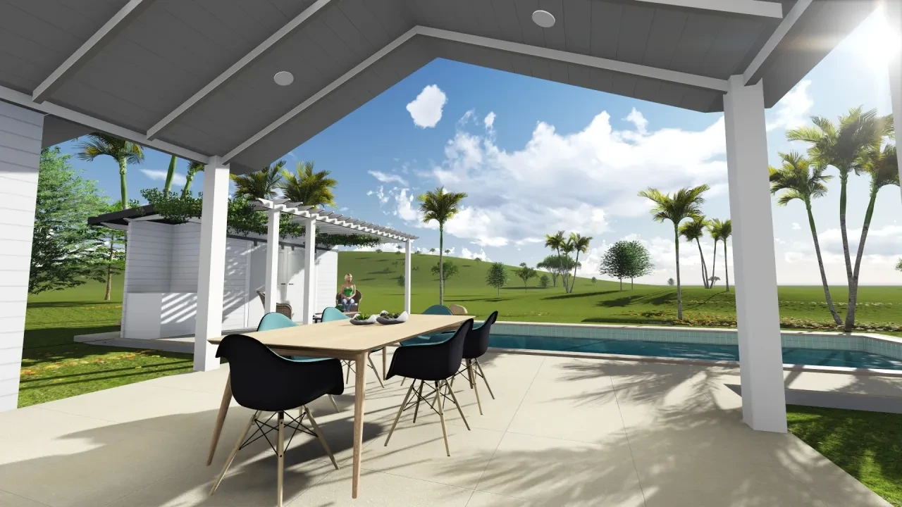 ROBSON — covered alfresco dining with pool view