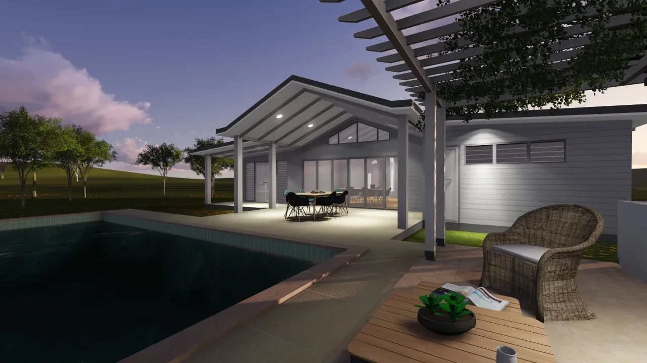 ROBSON — twilight render with pool and outdoor lighting
