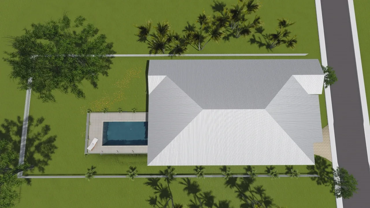 RYAN — aerial render showing roof form, pool and tropical landscaping