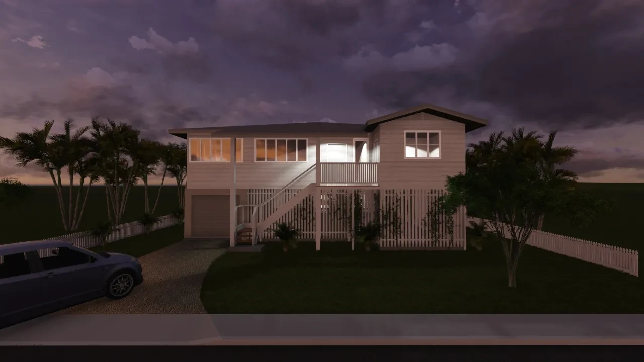 RYAN — dusk render with warm interior lighting and car in driveway