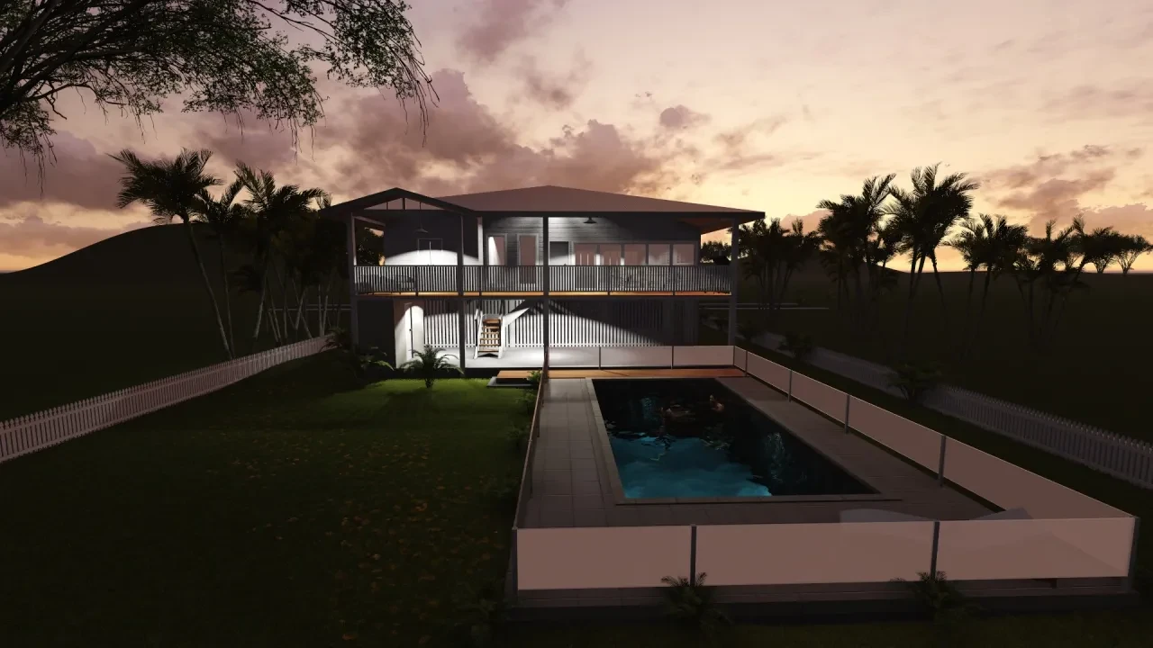 RYAN — twilight rear render with pool, deck and palm silhouettes
