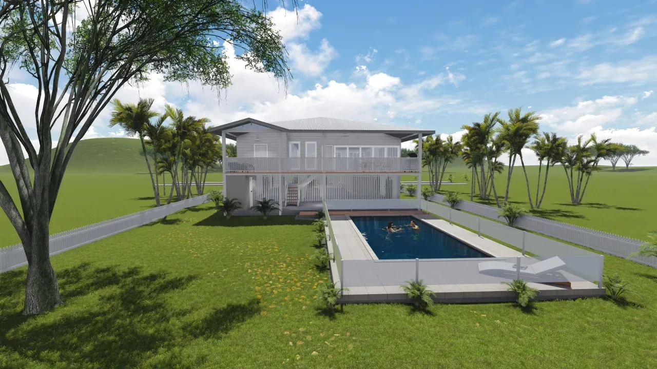 RYAN — rear daytime render with pool, glass fencing and tropical garden