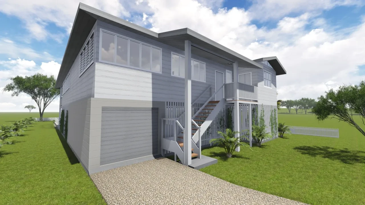 RYAN — side elevation render with garage, timber stair and louvre windows