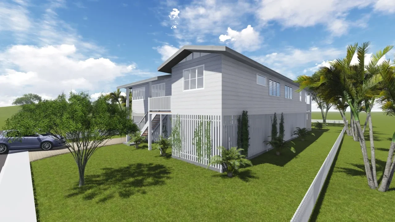 RYAN — side and rear elevation render with white picket fence and palm trees
