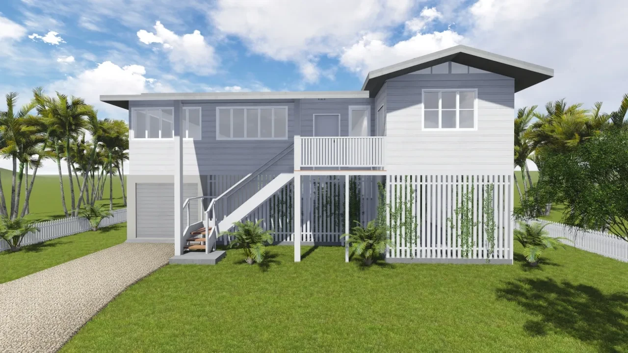 RYAN — front elevation render with grey and white cladding, deck and stair entry