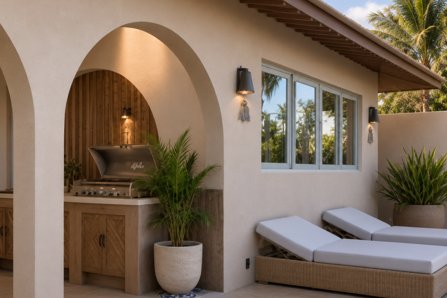 The Villa — render of outdoor kitchen nook with arched timber-lined alcove, Alfresco BBQ, rattan cabinetry, sun loungers and tropical planting