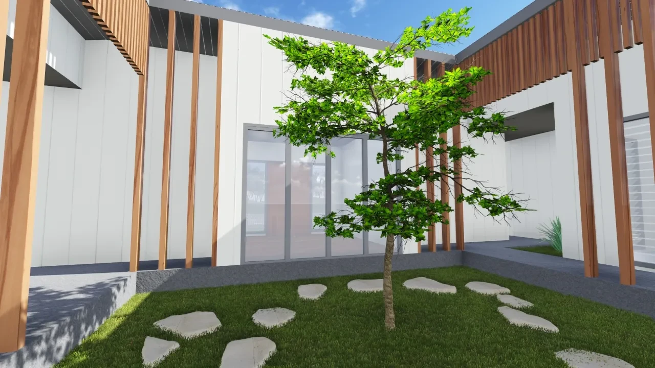 THE COVE — courtyard with feature tree and timber battens