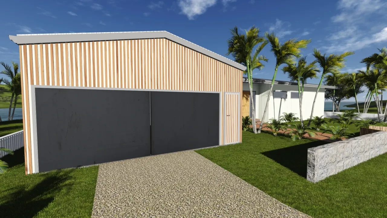 THE COVE — garage with timber cladding and palm trees