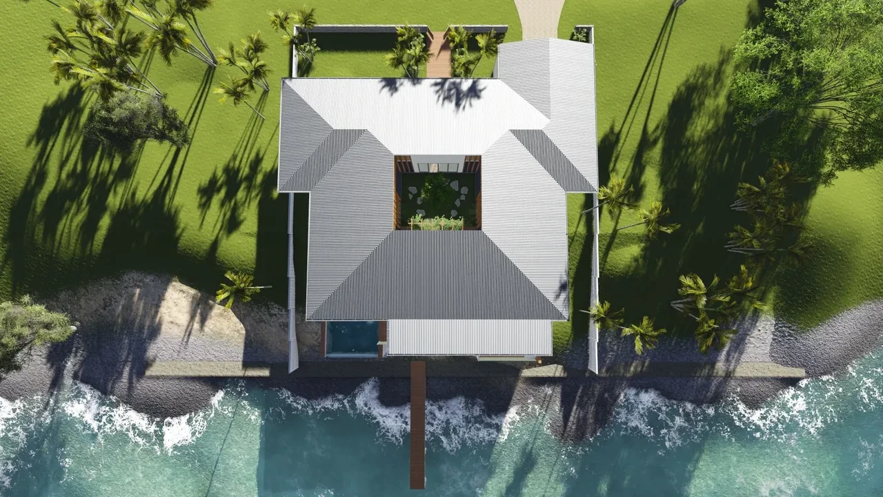 THE COVE — bird's eye view of roof and jetty